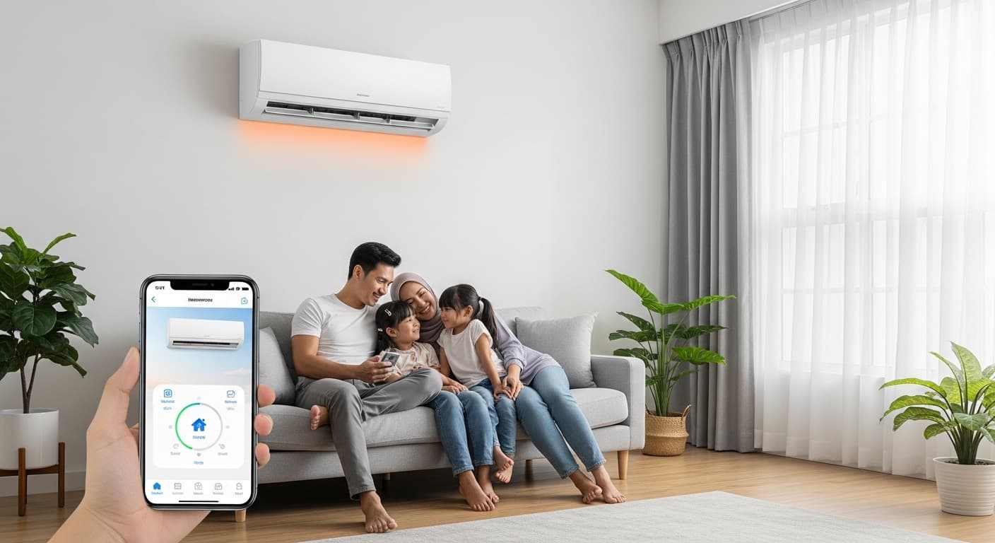 Keluarga di ruang tamu mengawal aircond Xiaomi inverter melalui aplikasi Xiaomi Home pada telefon