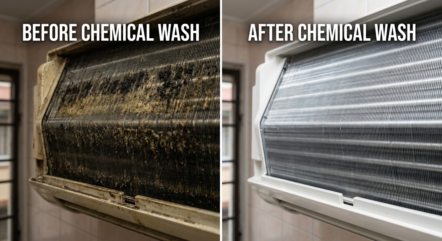 Perbandingan gegelung aircond kotor sebelum dan bersih selepas chemical wash