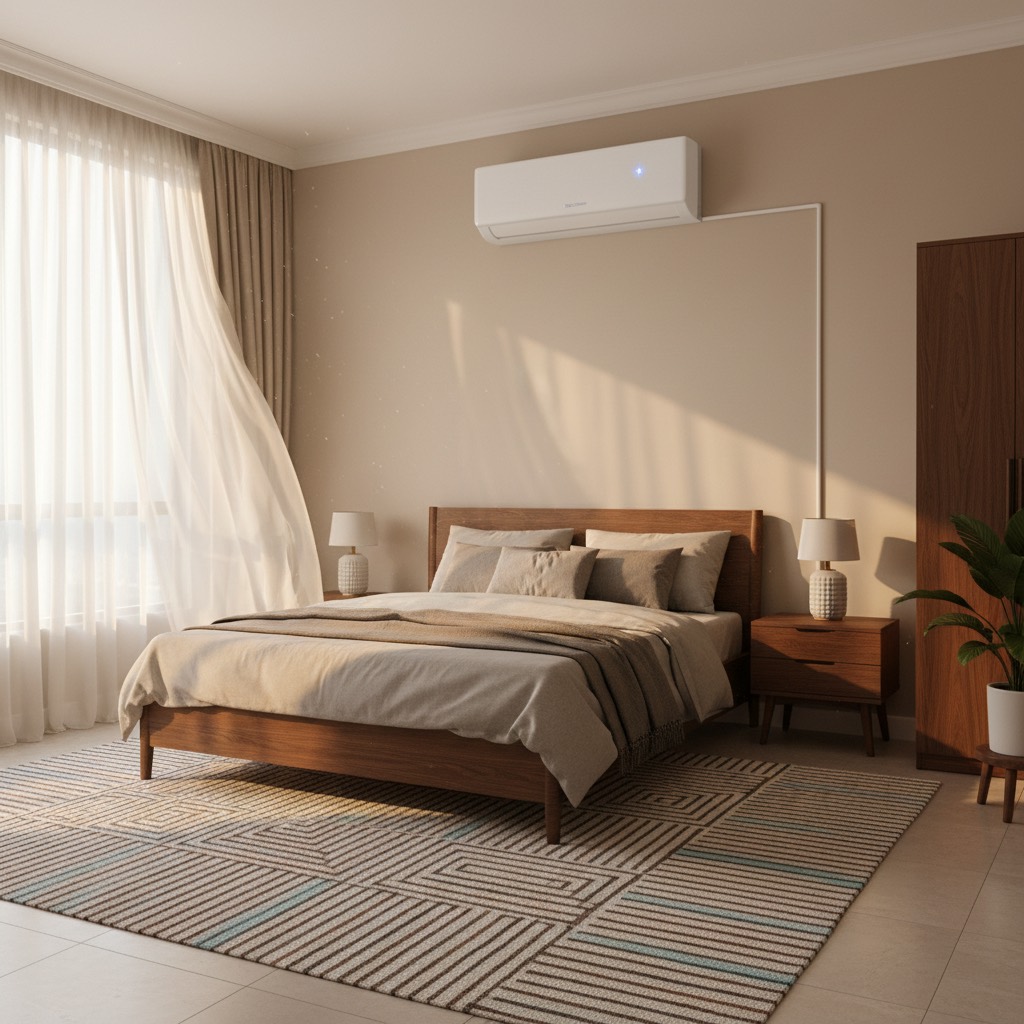 Unit dalam aircond Xiaomi siap dipasang kemas di atas katil dalam bilik tidur