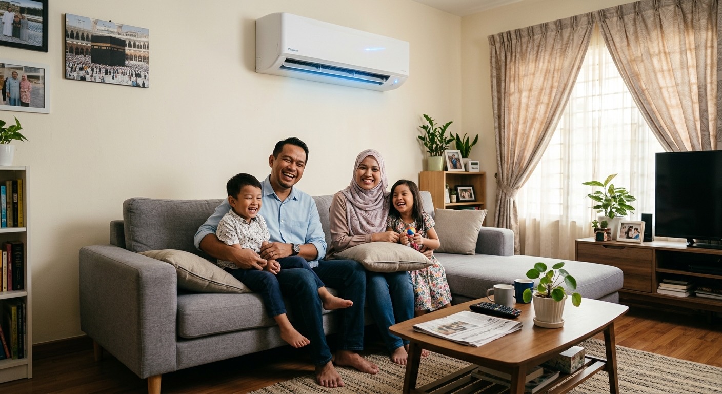 Keluarga berehat di ruang tamu yang sejuk dengan aircond inverter dipasang di dinding