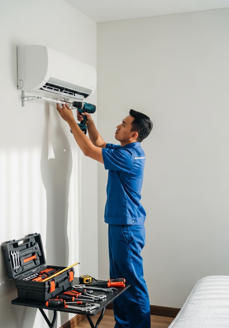 Juruteknik berseragam biru menggerudi pendakap unit dalam aircond Xiaomi di dinding bilik tidur