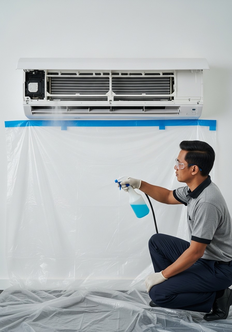 Juruteknik membuka penutup aircond Xiaomi untuk servis penyelenggaraan berkala