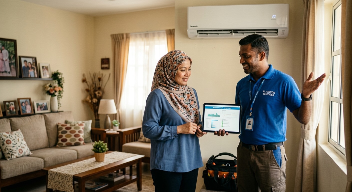 Juruteknik menerangkan tetapan aircond Xiaomi kepada pemilik rumah