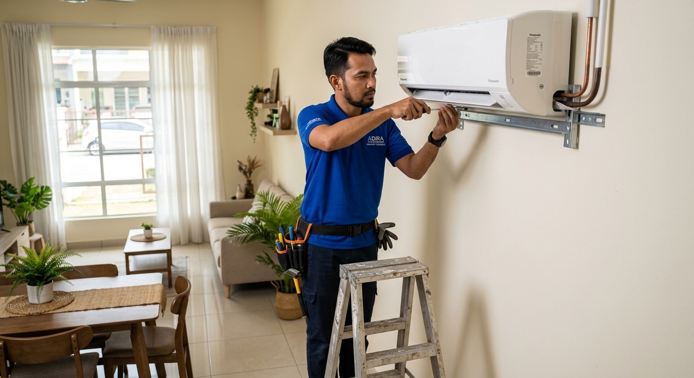 Juruteknik mengangkat unit dalam aircond Xiaomi ke pendakap dinding semasa pemasangan
