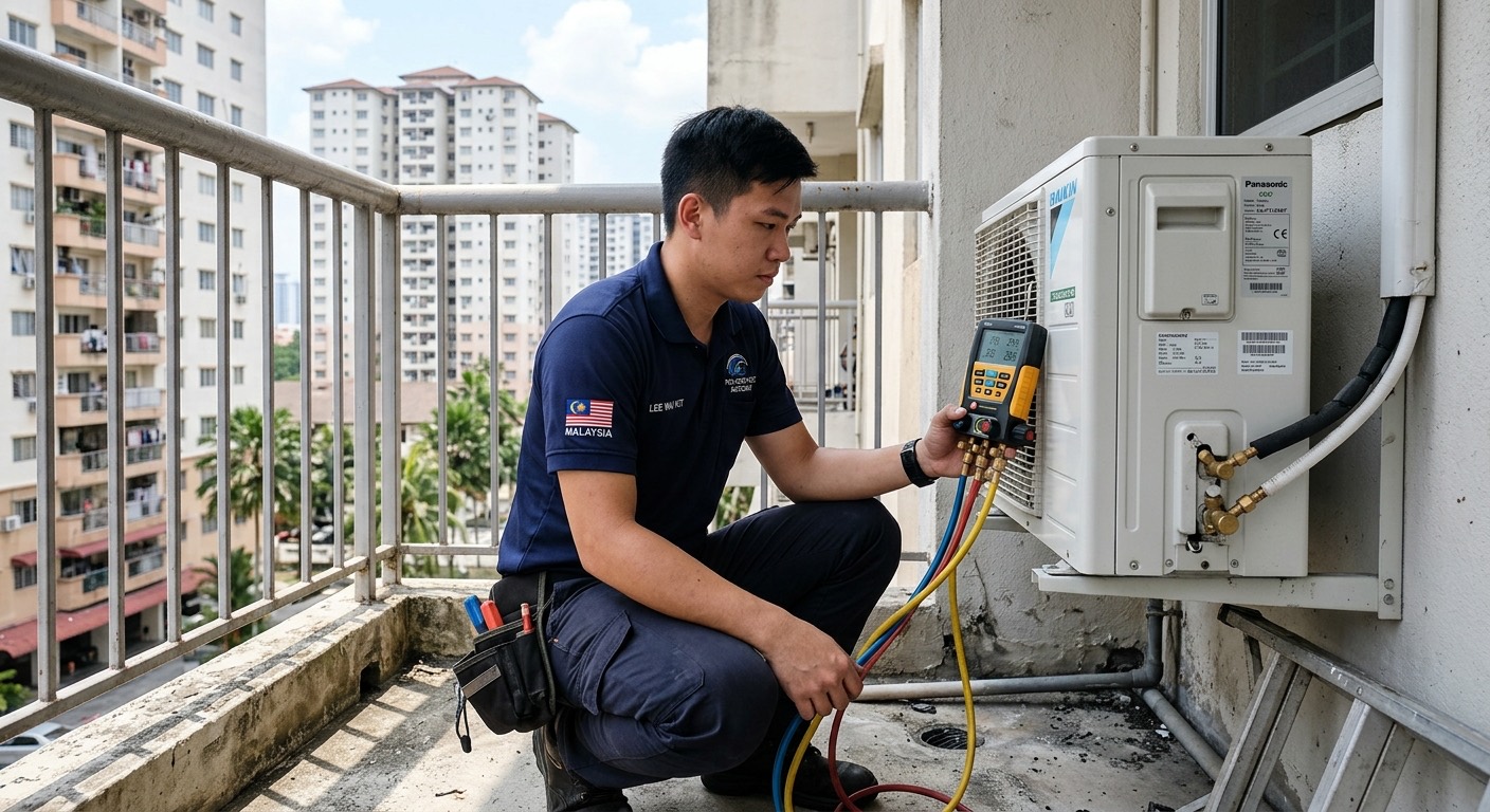 Juruteknik memeriksa unit luar aircond Xiaomi dan paip gas di luar rumah