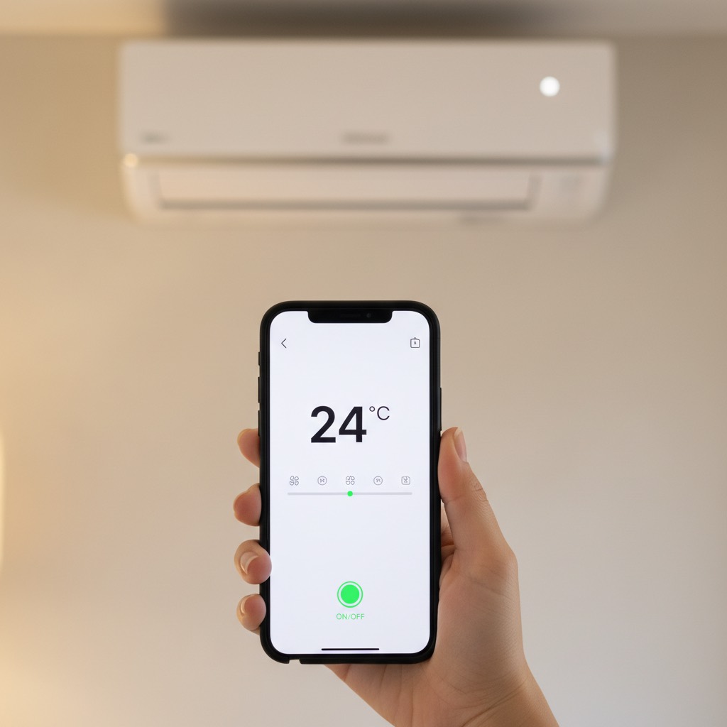 Pemilik rumah melaraskan suhu aircond Xiaomi melalui aplikasi Xiaomi Home